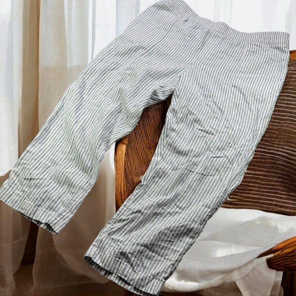 Caslon Linen Pants Women XL Blue‎ White Striped Rayon Crop Stretch Pull On